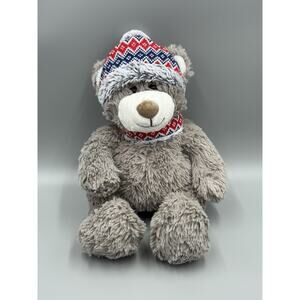 Gentle Treasure Gray Bear Plush 16” Winter Hat Scarf Red Blue Stuffed Animal Toy